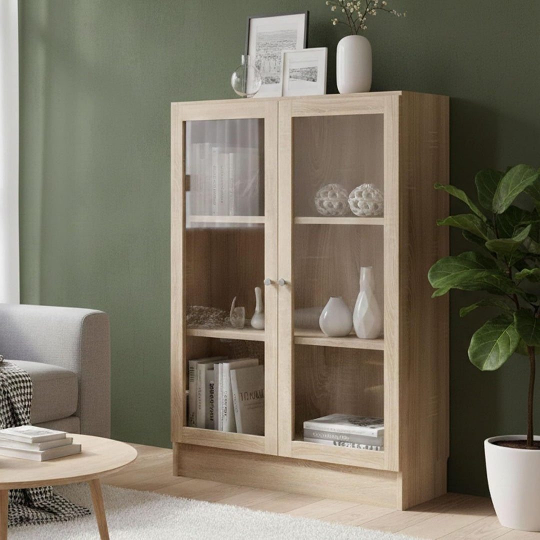 Pour un interieur harmonieux, buffet avec portes, avec etageres en finition noir et naturel