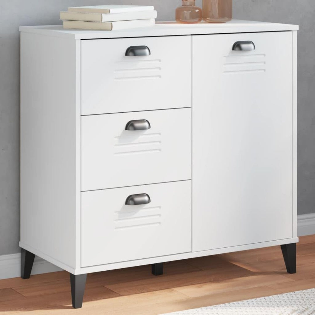 Un espace mieux organise grace a ce buffet avec portes, a l'aspect bois, finition blanc et naturel