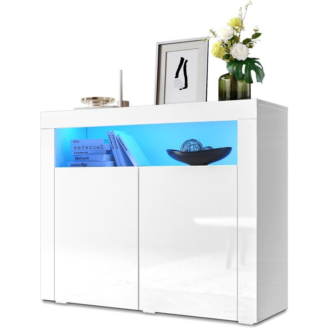Pour un interieur harmonieux, buffet avec portes, avec etageres en finition blanc et noir