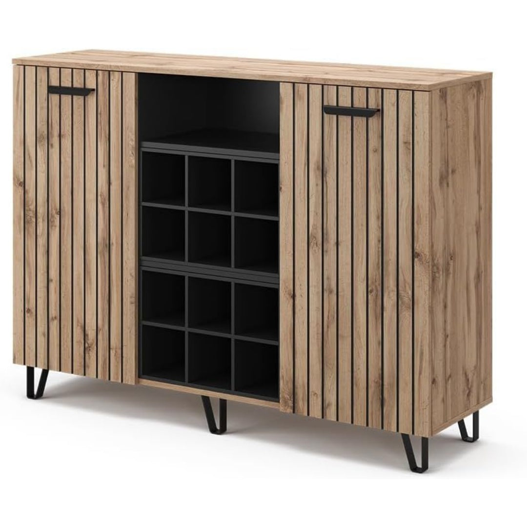 Une silhouette equilibree pour ce commode avec portes, teinte marron et vert