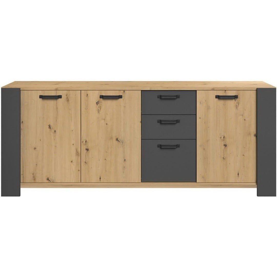 Une touche de caractere, buffet avec portes, avec etageres dans un ton chene et bois naturel