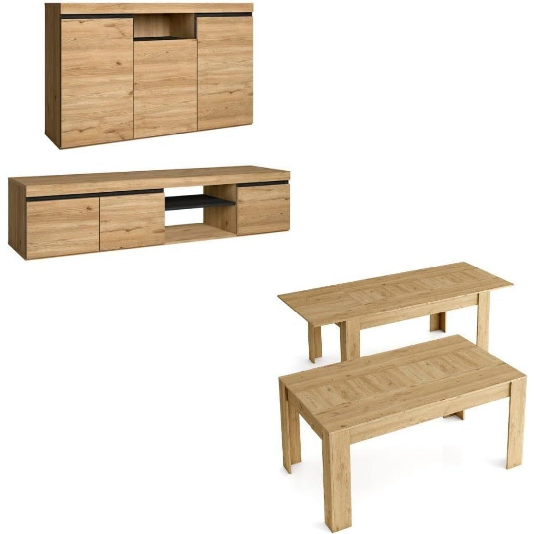 Une touche de caractere, buffet avec tiroirs, a l'aspect bois dans un ton blanc et bois naturel